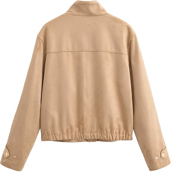 Women's High Collar Faux Suede Bomber Jacket