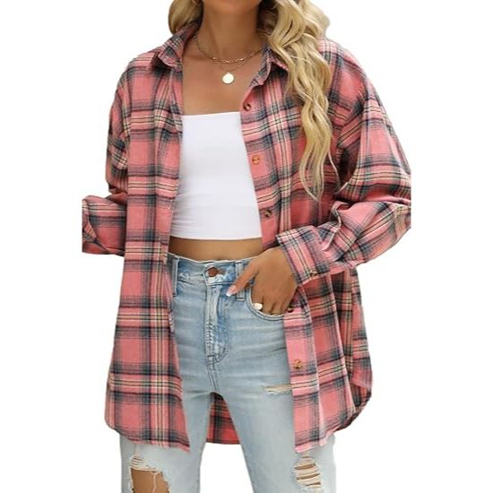 Women's Oversized Buffalo Plaid Flannel Button-Down Shirt