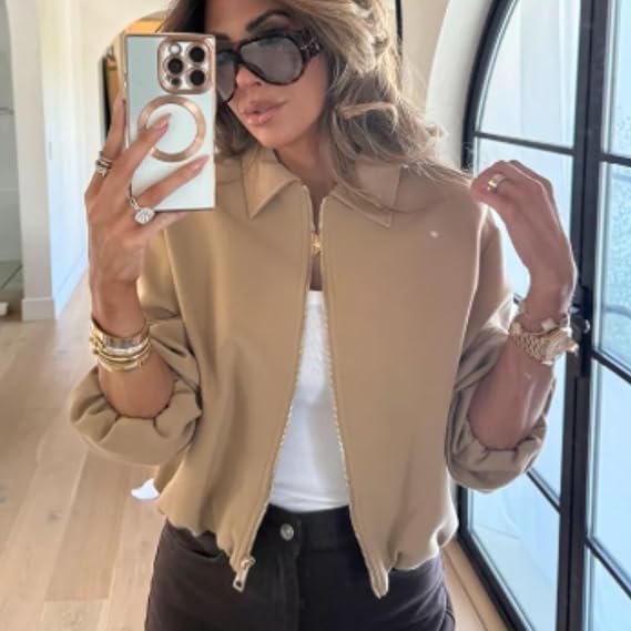 Women's Vintage Solid Color Cropped Zip-Up Jacket