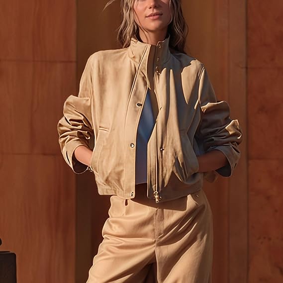 Women's High Collar Faux Suede Bomber Jacket