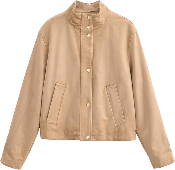 Women's High Collar Faux Suede Bomber Jacket