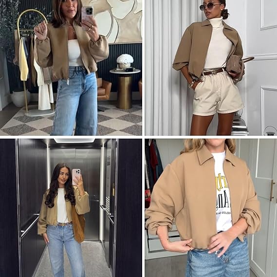 Women's Vintage Solid Color Cropped Zip-Up Jacket