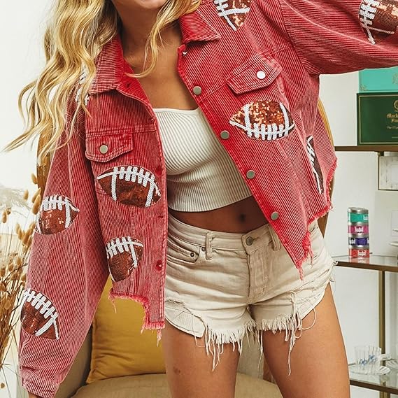 Women's Vintage Sequin Rugby Patched Corduroy Jackets